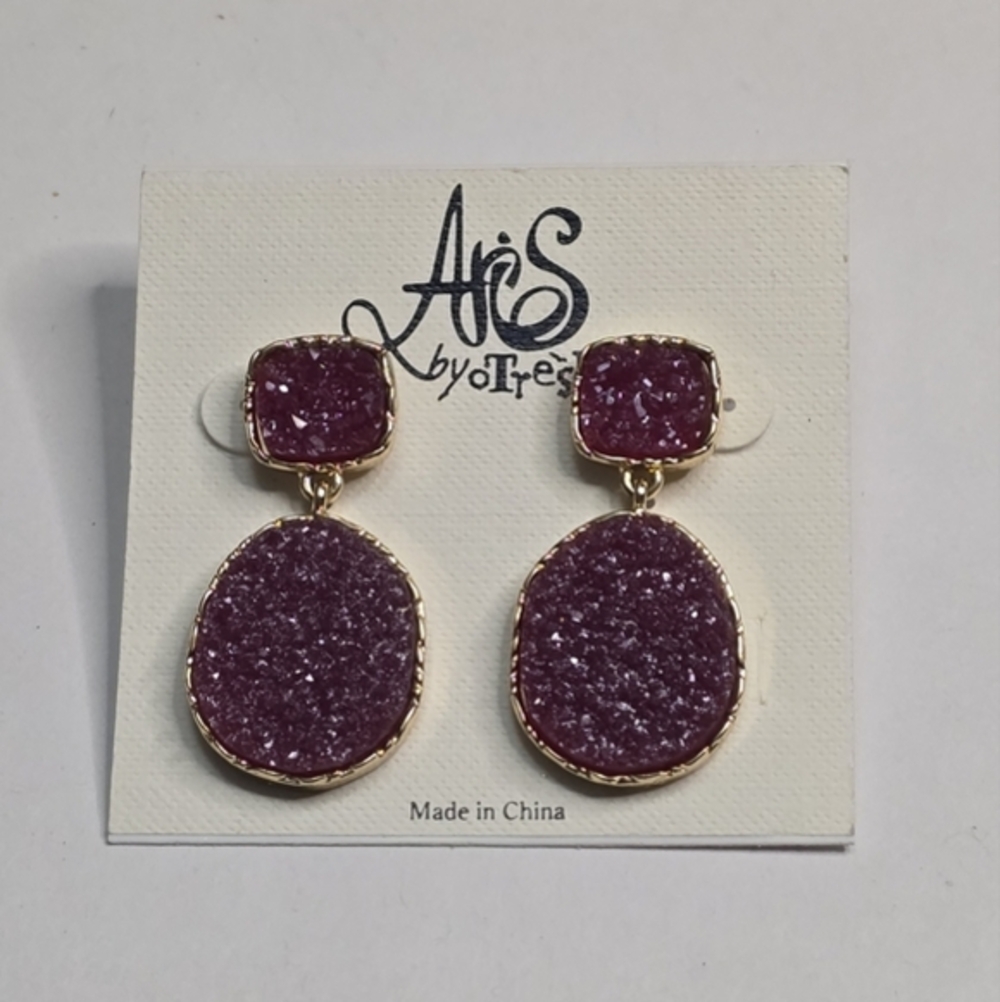 Aris by Treska Plum Purple Druzy Gold Tone‎ Oval Dangle Drop Earrings New